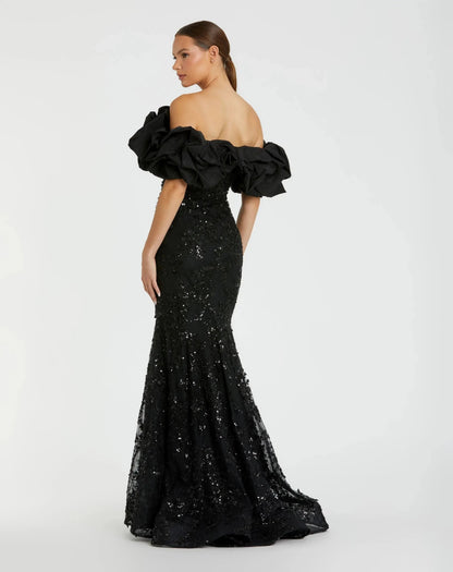Black Embellished Mermaid Gown With Off The Shoulder Ruffle