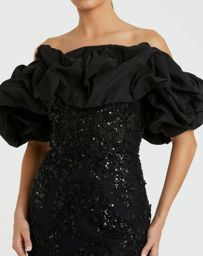 Black Embellished Mermaid Gown With Off The Shoulder Ruffle