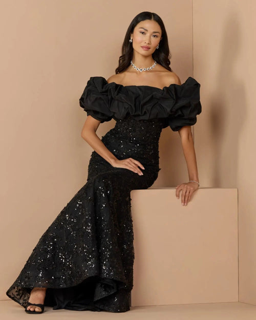 Black Embellished Mermaid Gown With Off The Shoulder Ruffle