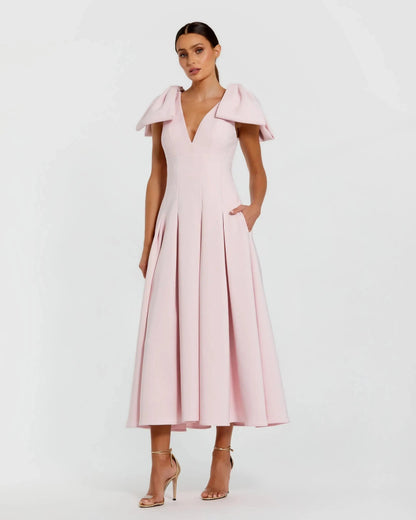Crepe A Line Midi Dress With Bow Straps