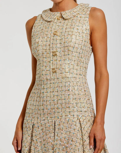 Gold Sleeveless Boucle Mini Dress with Pleats