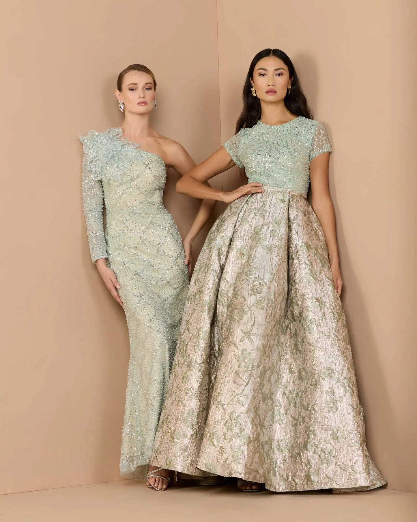 Green One Shoulder Embellished Gown With Floral Accent