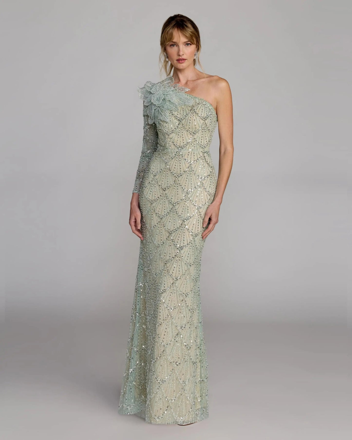 Green One Shoulder Embellished Gown With Floral Accent