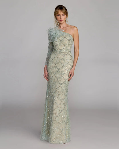 Green One Shoulder Embellished Gown With Floral Accent