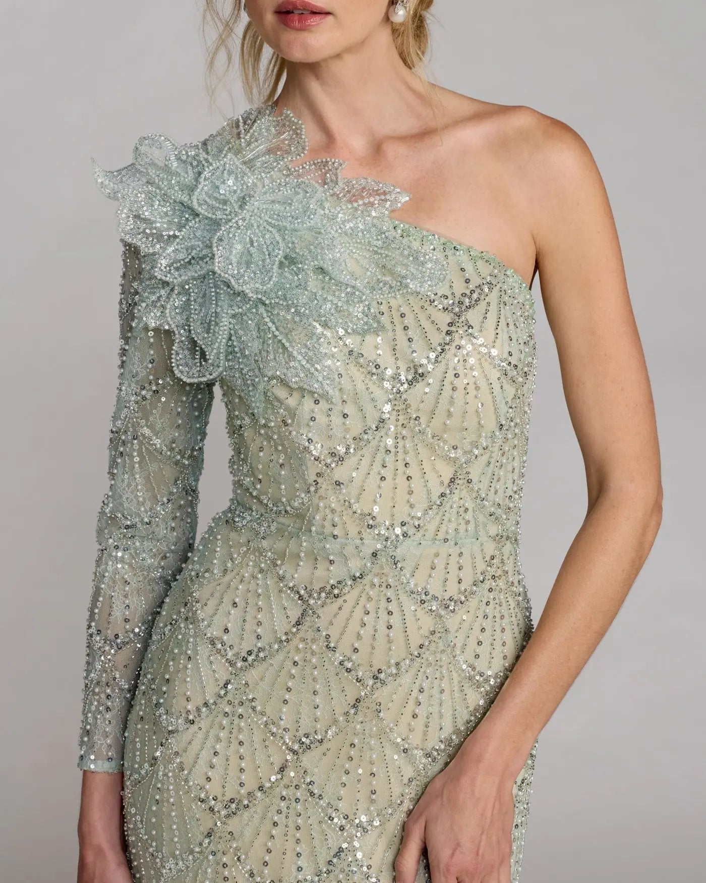 Green One Shoulder Embellished Gown With Floral Accent