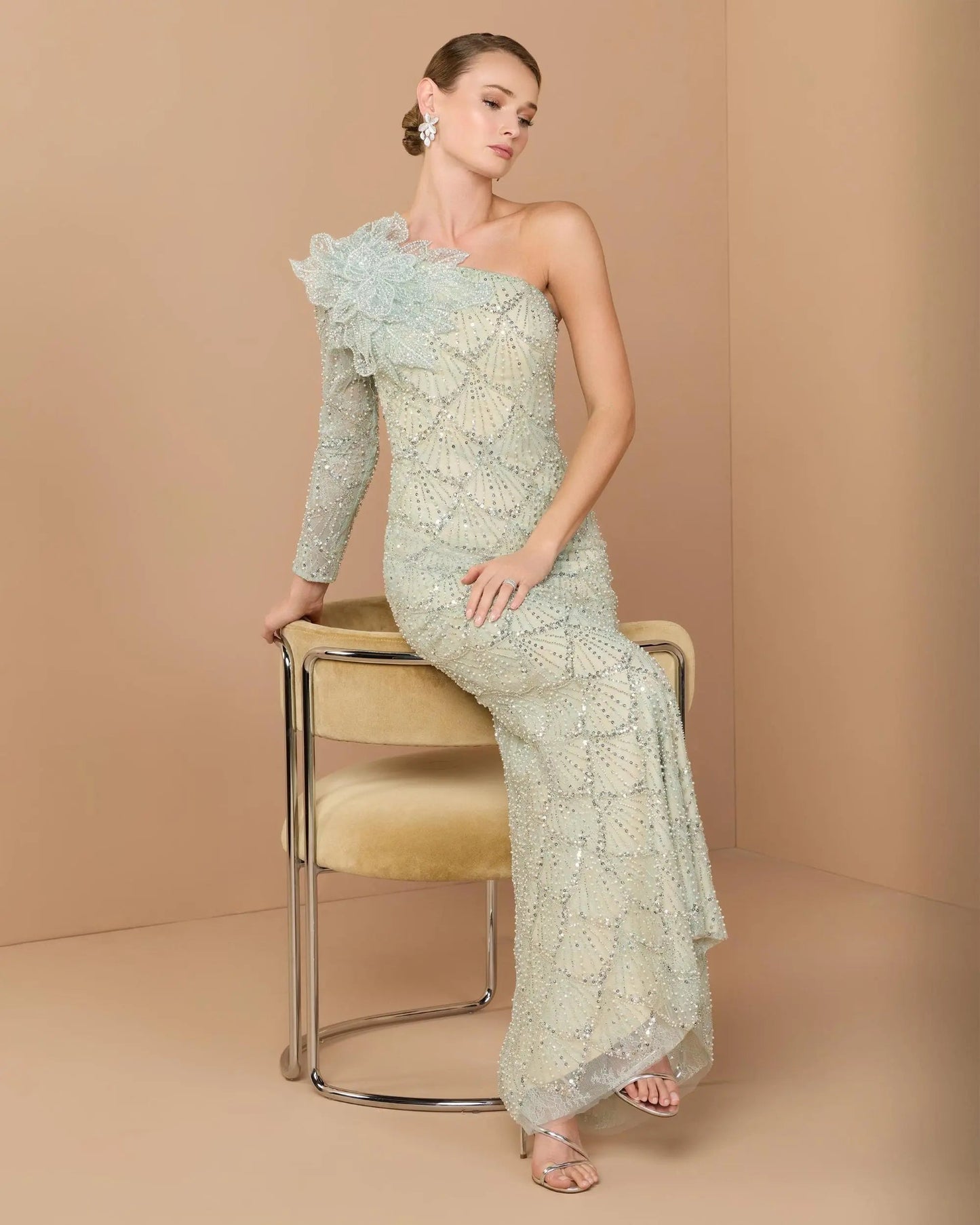 Green One Shoulder Embellished Gown With Floral Accent