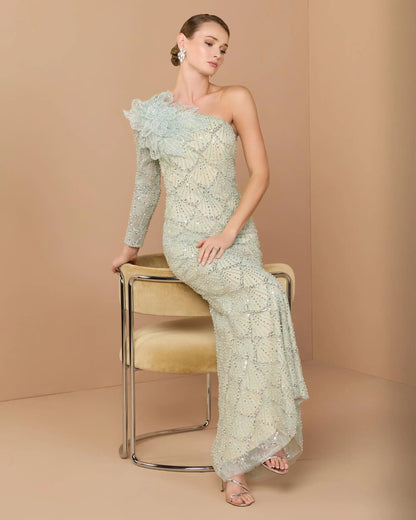 Green One Shoulder Embellished Gown With Floral Accent