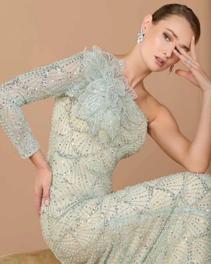 Green One Shoulder Embellished Gown With Floral Accent