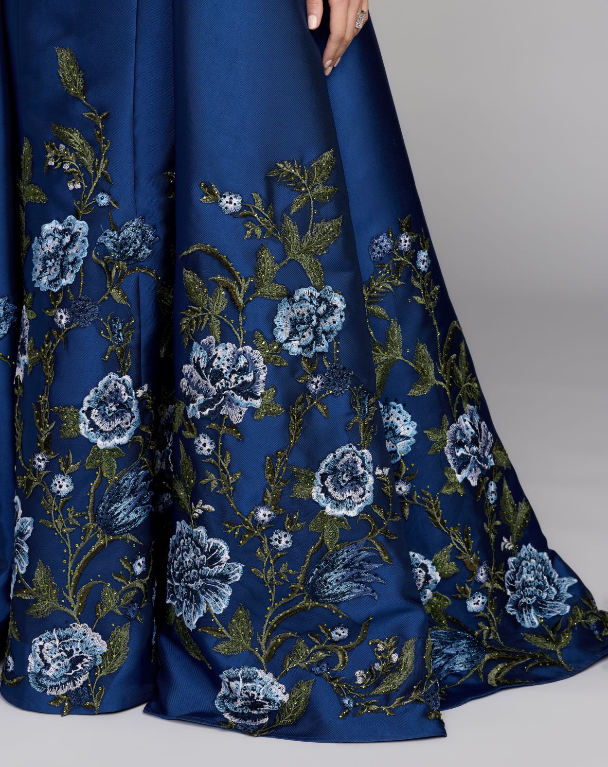 Blue Floral Embroidered Mikado Strapless Ball Gown
