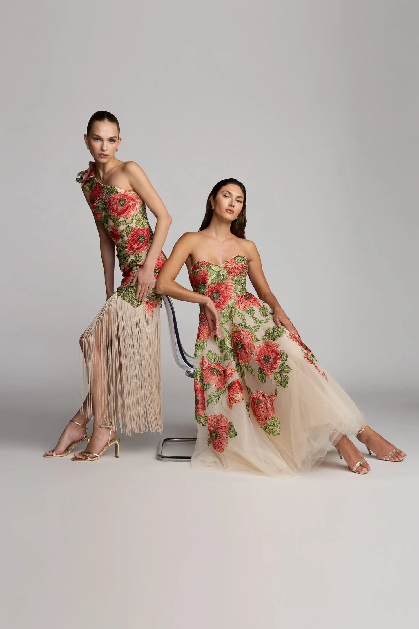 Beige Strapless Floral Embroidered Midi Dress