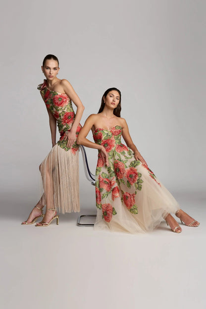 Beige Strapless Floral Embroidered Midi Dress