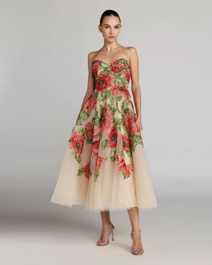 Beige Strapless Floral Embroidered Midi Dress