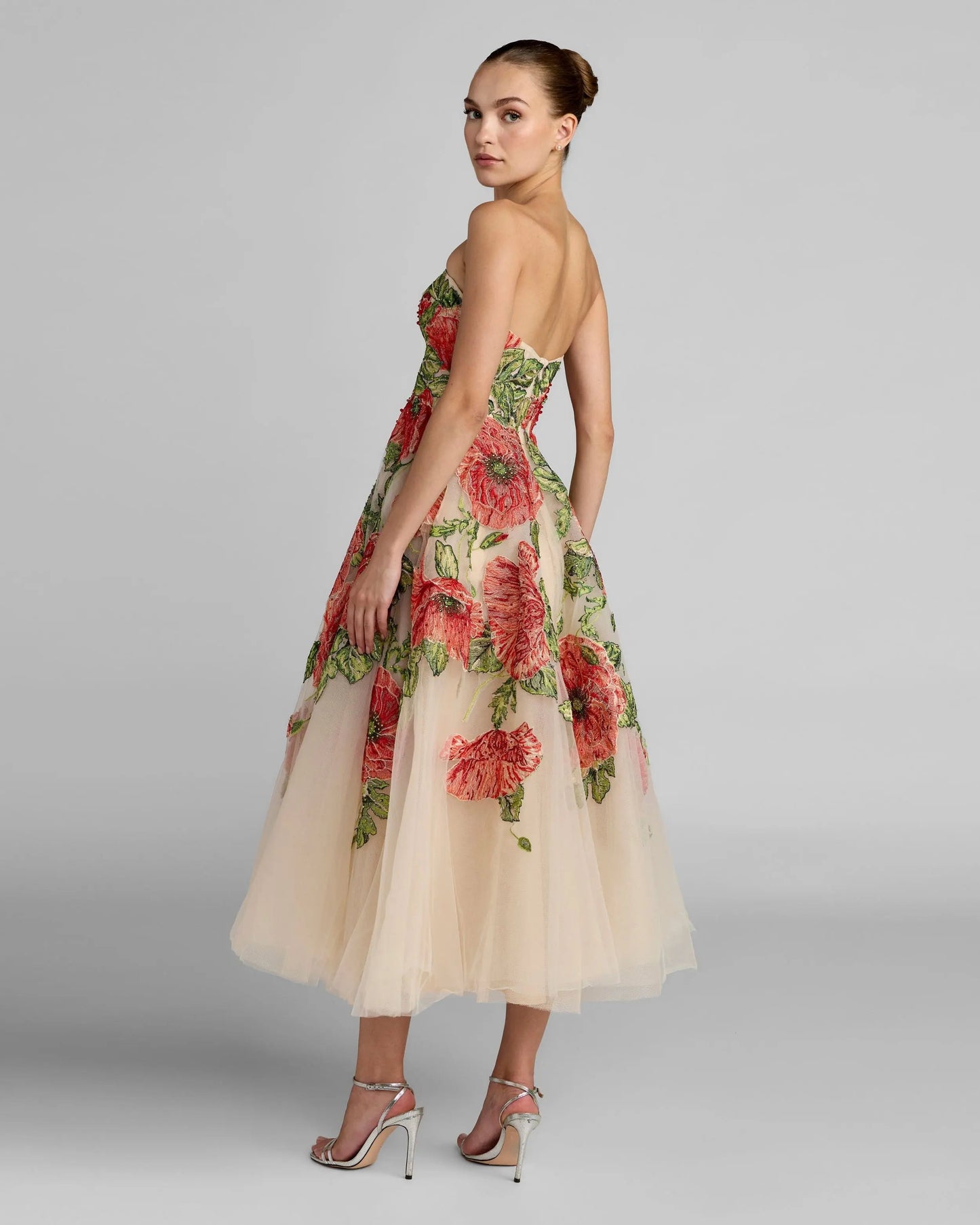 Beige Strapless Floral Embroidered Midi Dress
