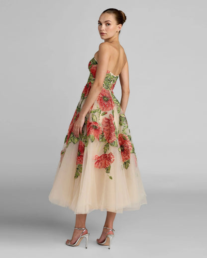 Beige Strapless Floral Embroidered Midi Dress