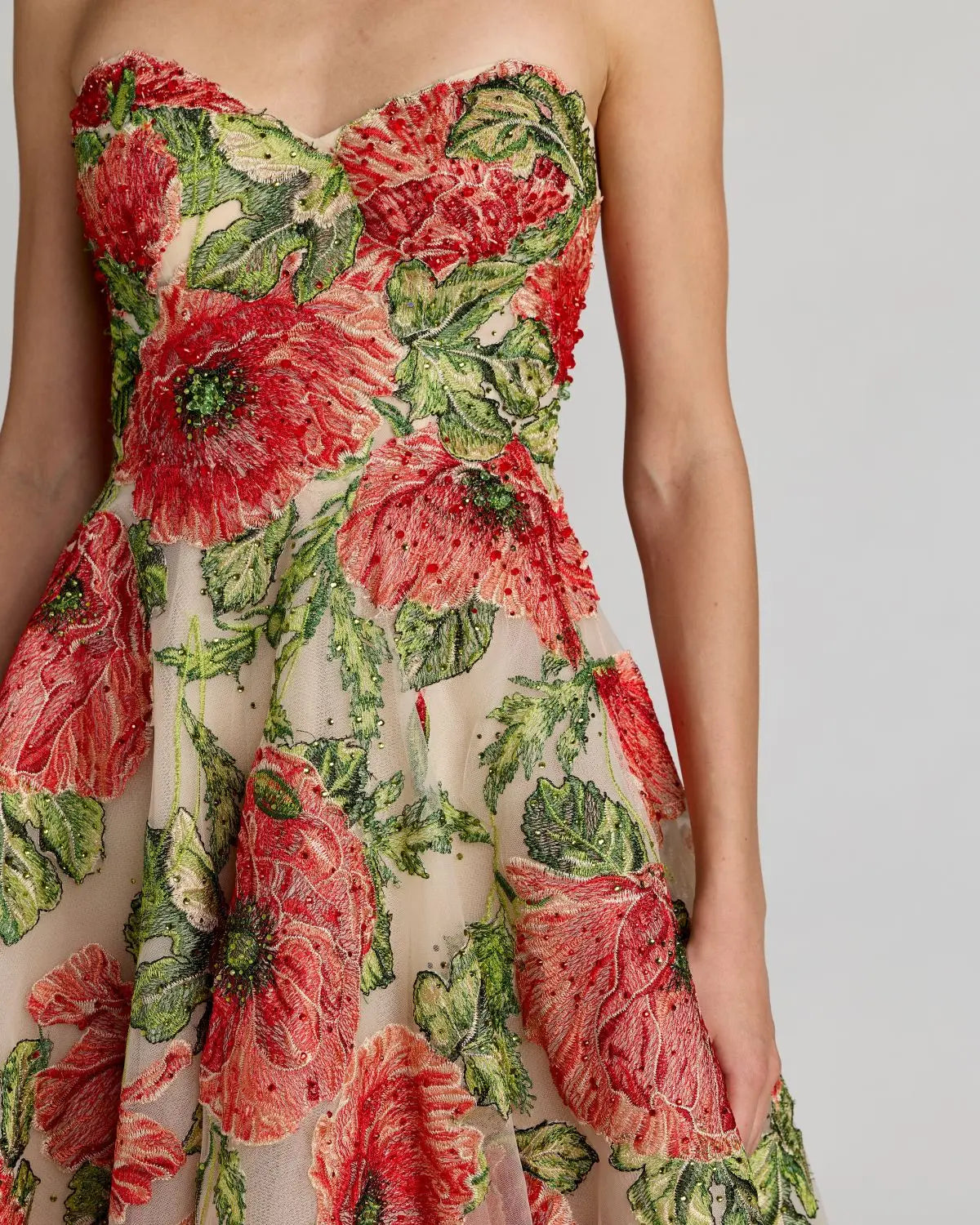 Beige Strapless Floral Embroidered Midi Dress