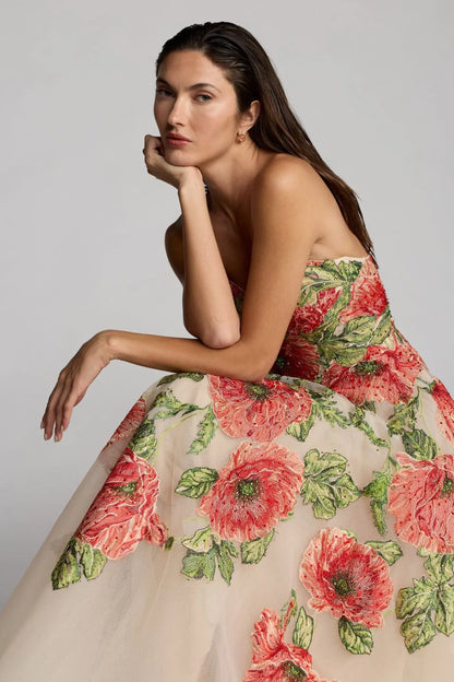 Beige Strapless Floral Embroidered Midi Dress