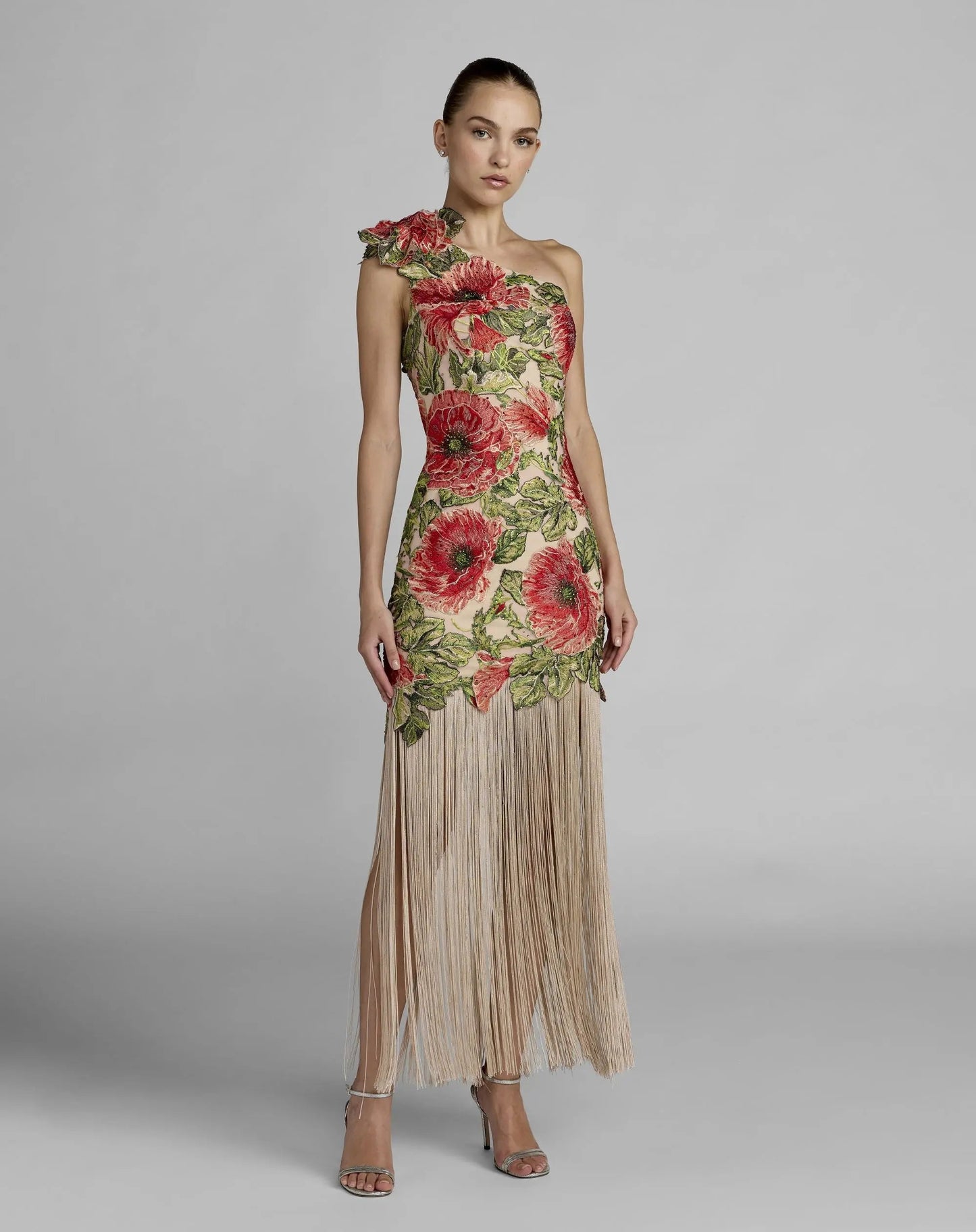 Beige Embroidered One Shoulder Dress With Fringe Hem