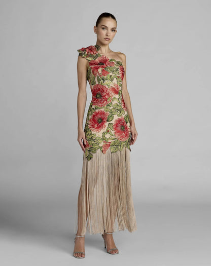 Beige Embroidered One Shoulder Dress With Fringe Hem