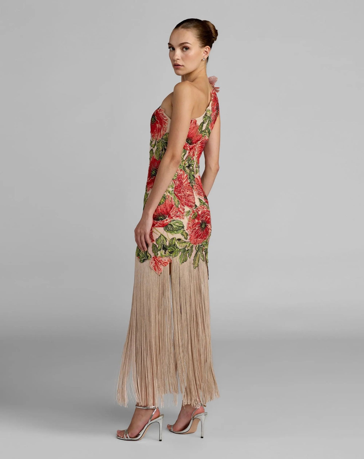Beige Embroidered One Shoulder Dress With Fringe Hem