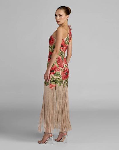 Beige Embroidered One Shoulder Dress With Fringe Hem