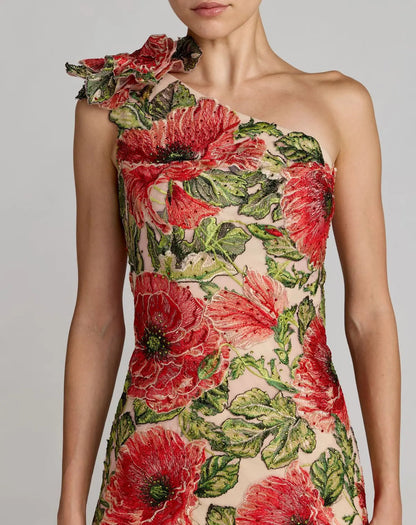Beige Embroidered One Shoulder Dress With Fringe Hem