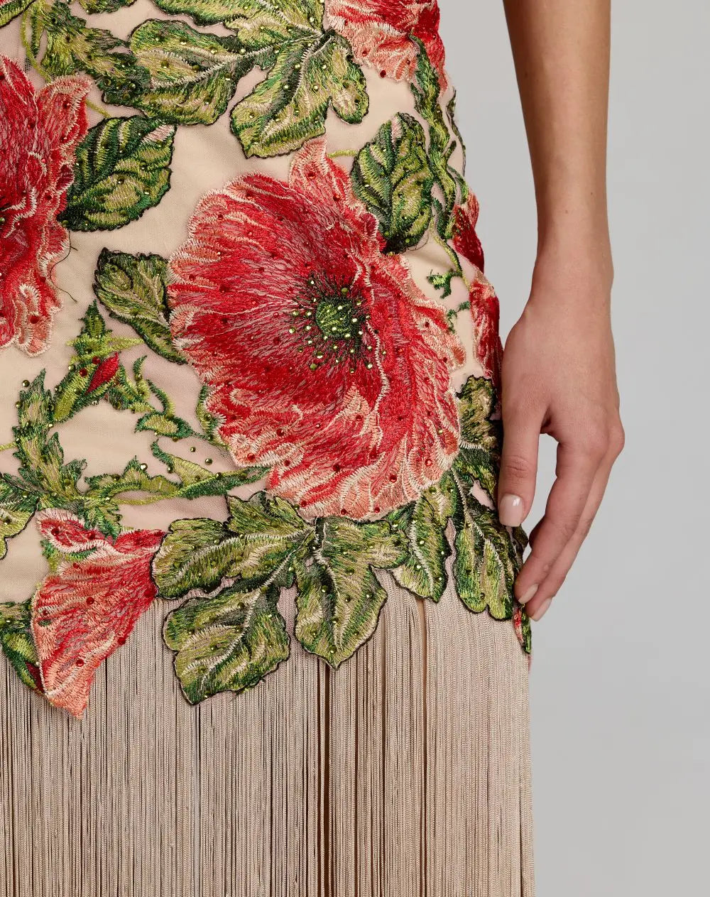 Beige Embroidered One Shoulder Dress With Fringe Hem