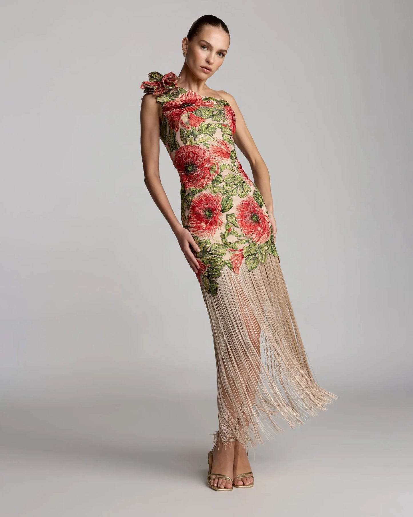 Beige Embroidered One Shoulder Dress With Fringe Hem