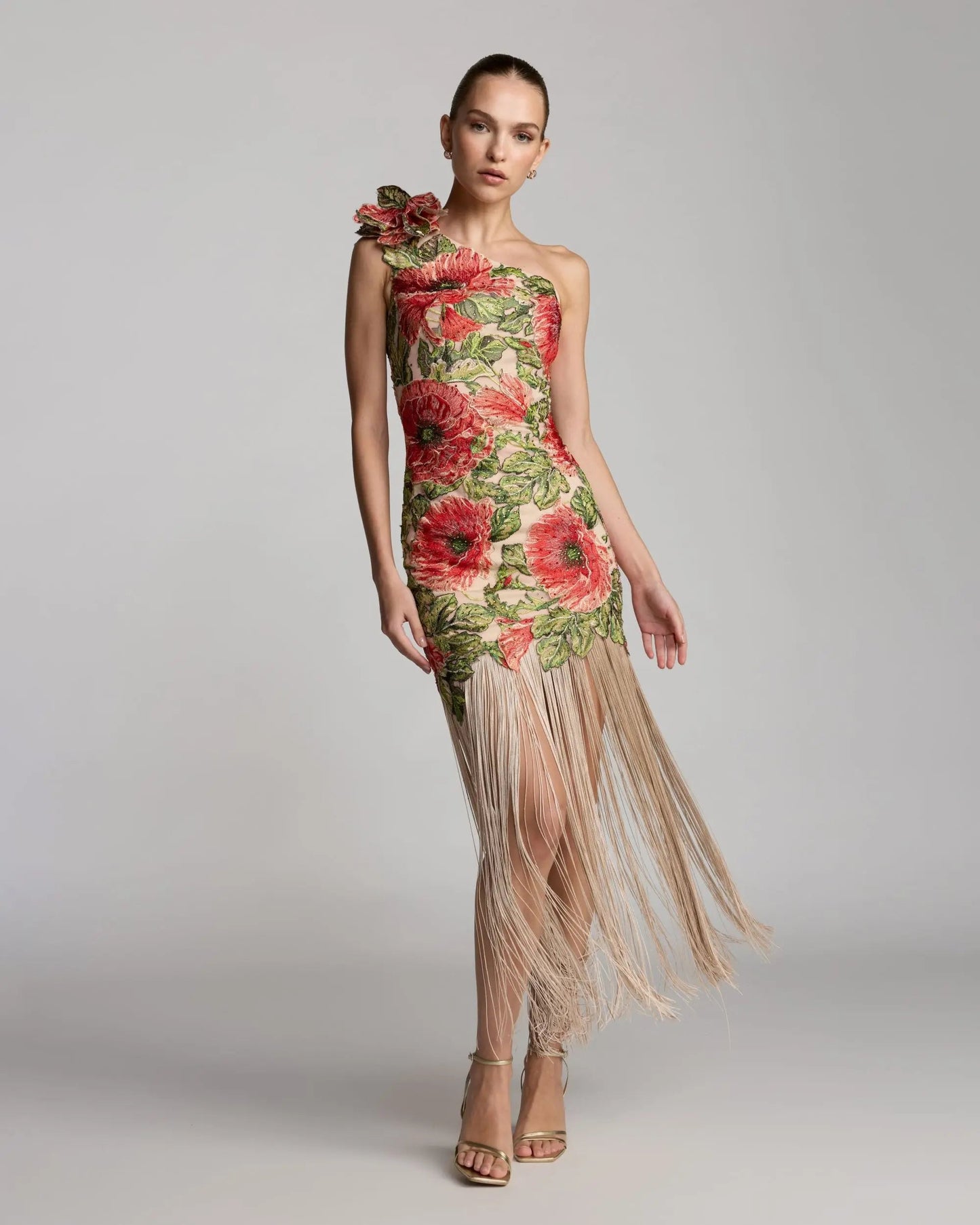 Beige Embroidered One Shoulder Dress With Fringe Hem