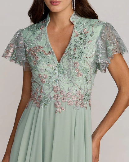 Green Embroidered Flutter Sleeve V Neck Gown