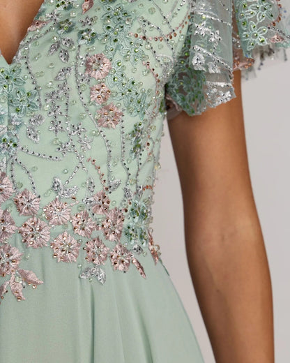 Green Embroidered Flutter Sleeve V Neck Gown