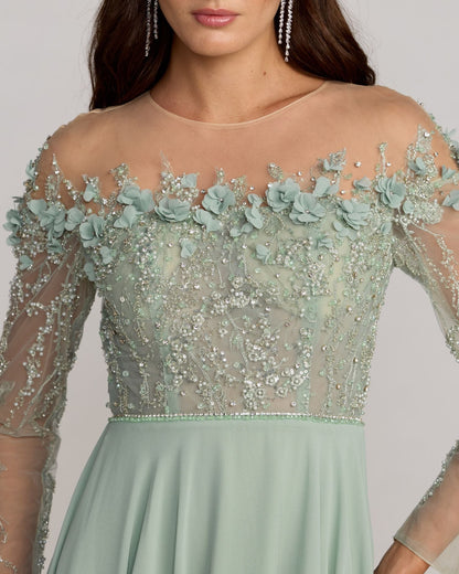 Green Embellished Off The Shoulder Gown With 3D Flowers