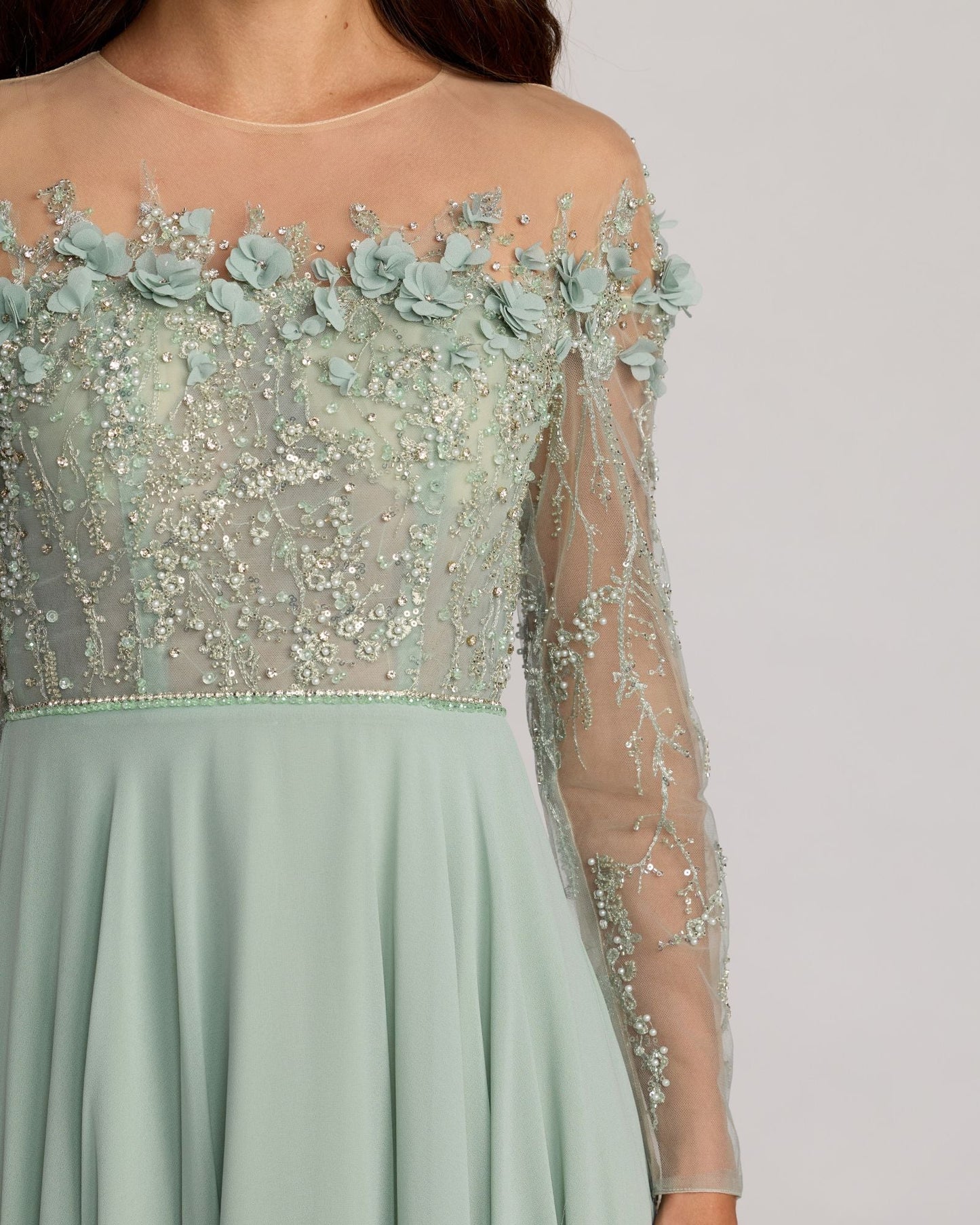 Green Embellished Off The Shoulder Gown With 3D Flowers