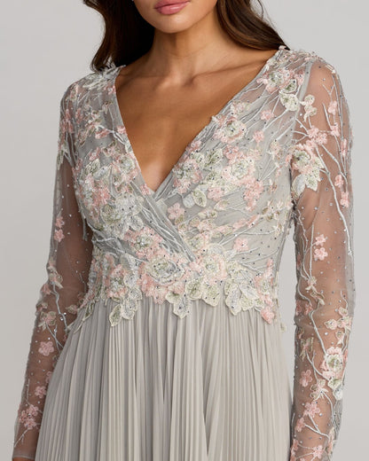 Gray Long Sleeve Embroidered Chiffon A-Line Gown