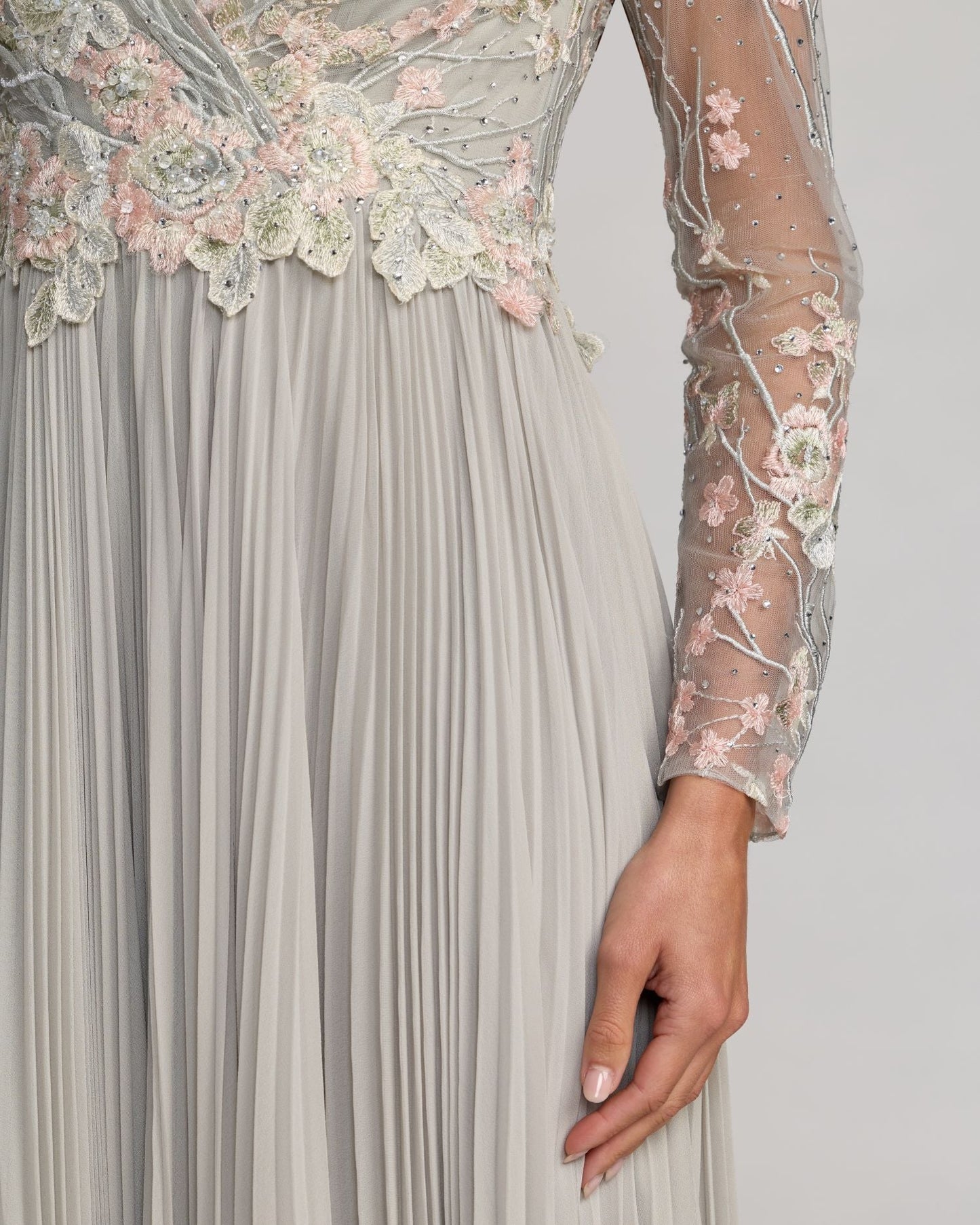 Gray Long Sleeve Embroidered Chiffon A-Line Gown