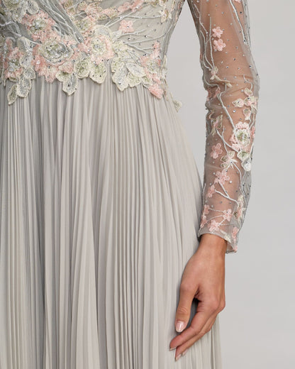 Gray Long Sleeve Embroidered Chiffon A-Line Gown
