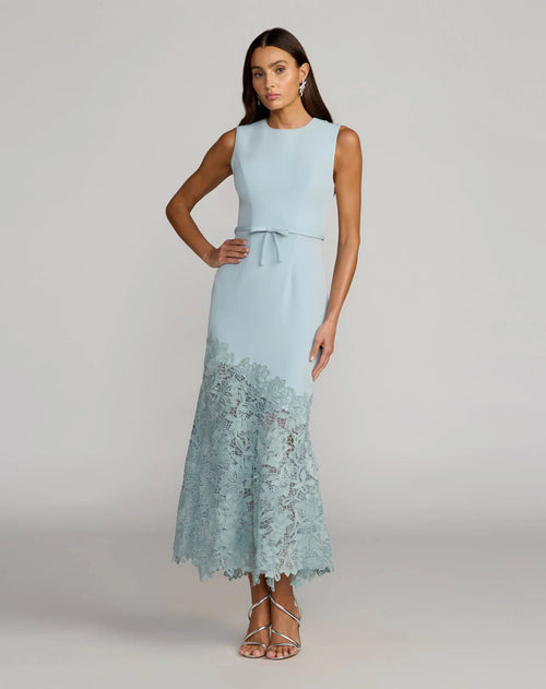 Blue Embroidered Hem Sleeveless Midi Dress with Bow