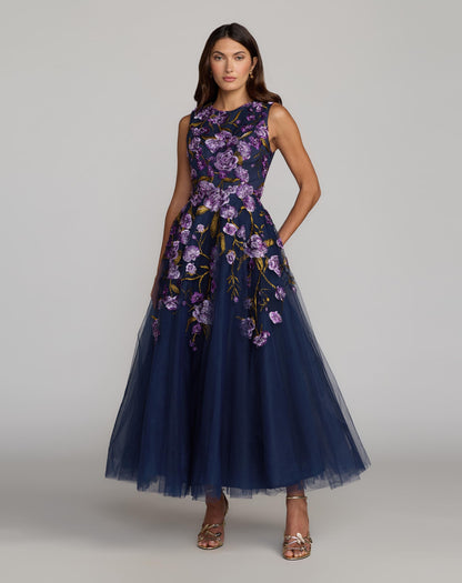 Navy Embroidered Sleeveless A-Line Midi Dress