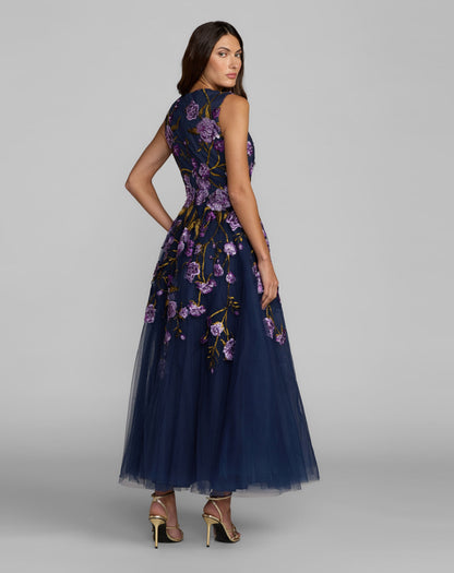 Navy Embroidered Sleeveless A-Line Midi Dress