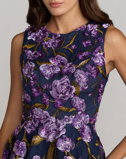Navy Embroidered Sleeveless A-Line Midi Dress