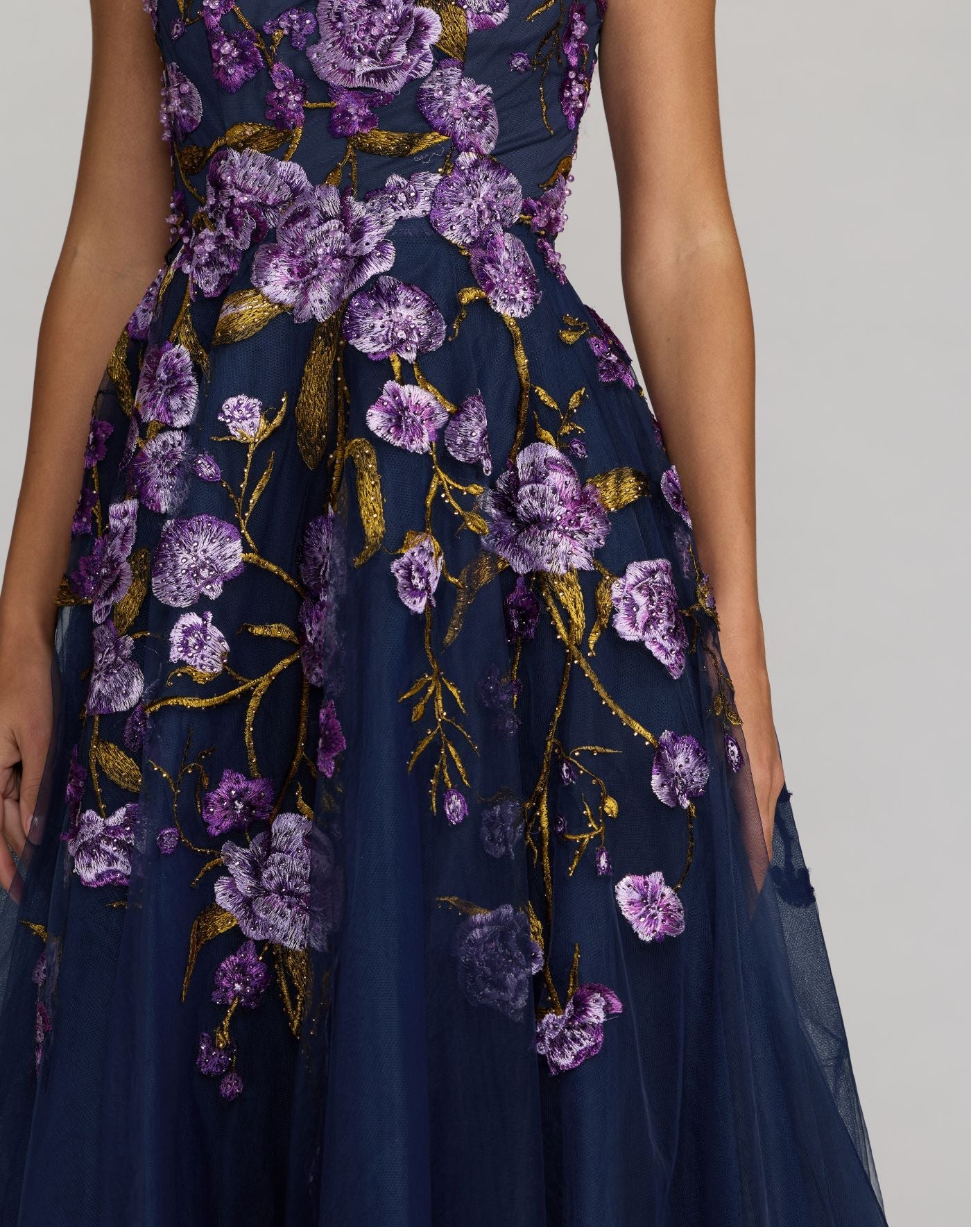 Navy Embroidered Sleeveless A-Line Midi Dress