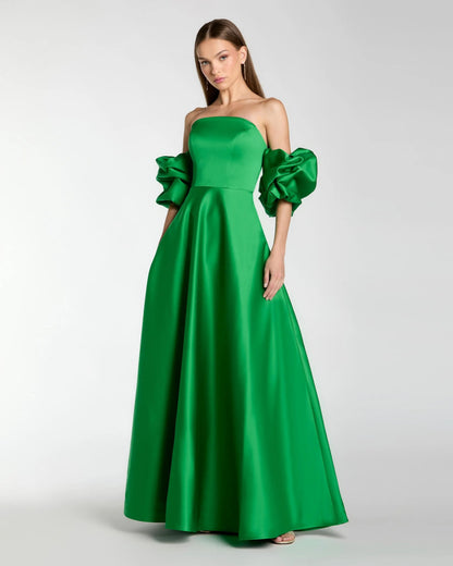 Green Satin Off The Shoulder Puff Sleeve Ball Gown
