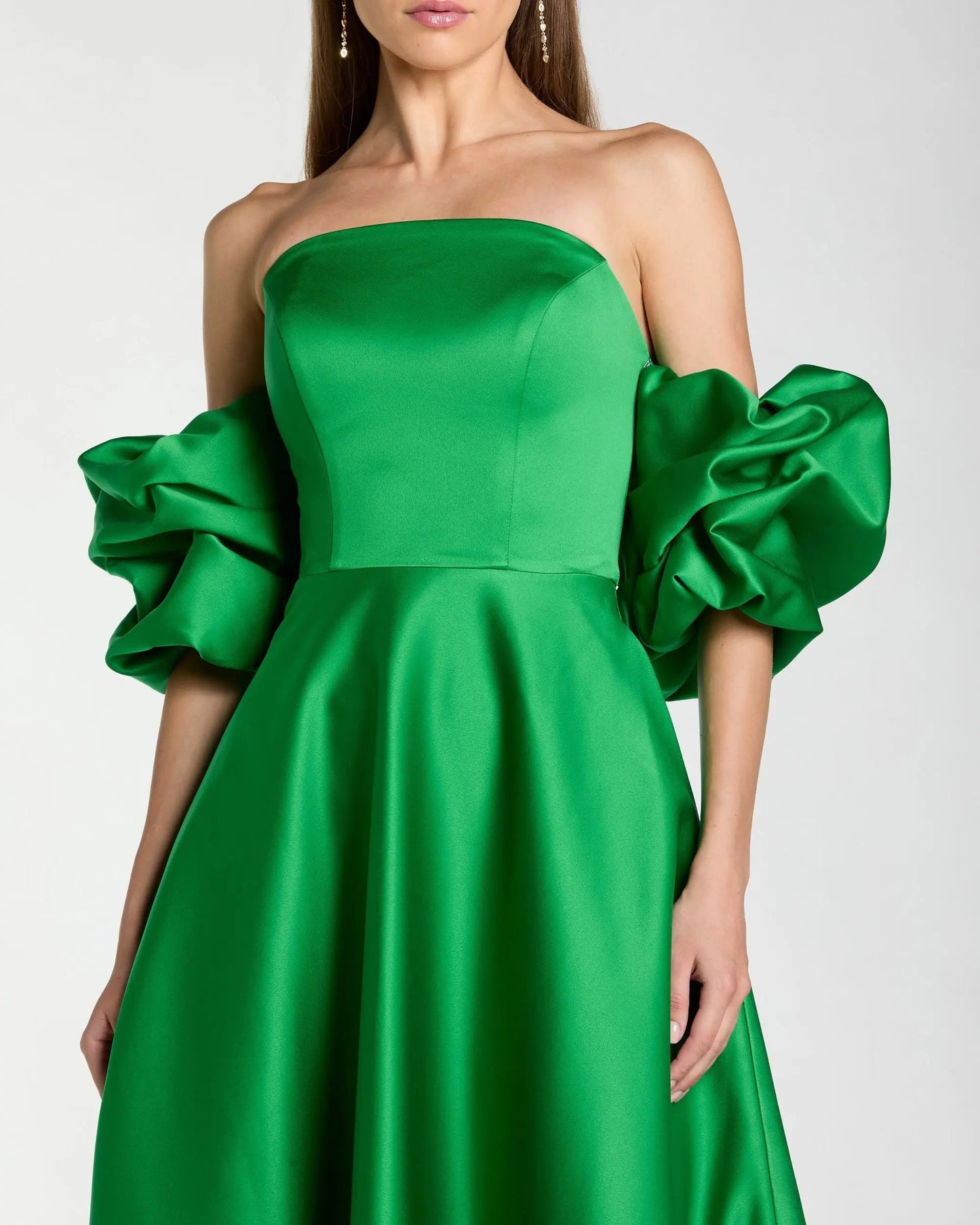 Green Satin Off The Shoulder Puff Sleeve Ball Gown
