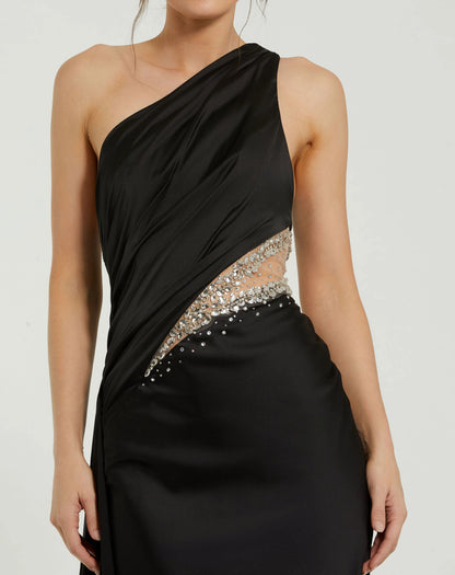 Black One Shoulder Charmeuse Gown With Beaded Cutout