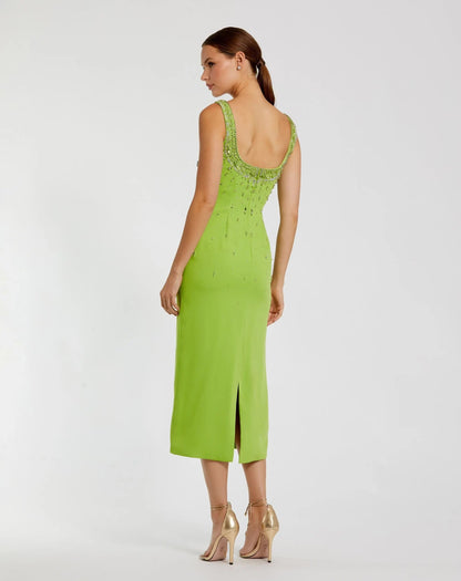 Green Beaded Crepe Scoop Neck Sleeveless Midi Dress