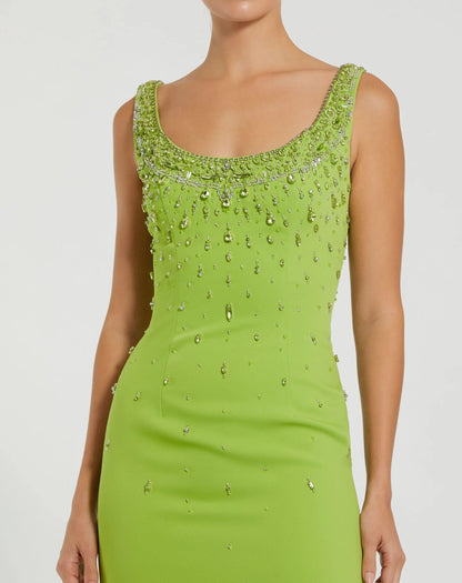 Green Beaded Crepe Scoop Neck Sleeveless Midi Dress