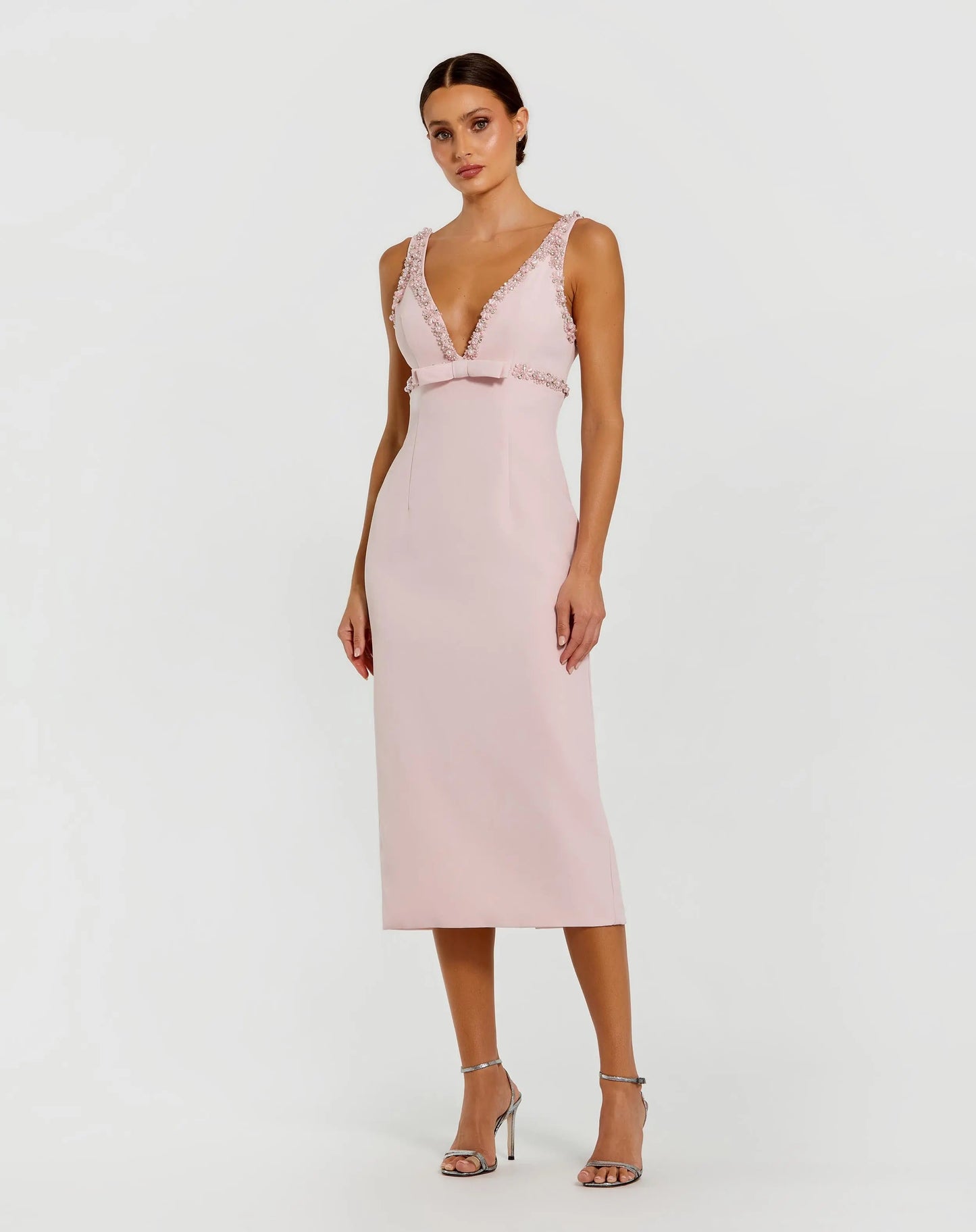 Crepe Fitted Midi Dress With Bow And Beaded Trim