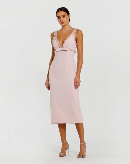 Crepe Fitted Midi Dress With Bow And Beaded Trim