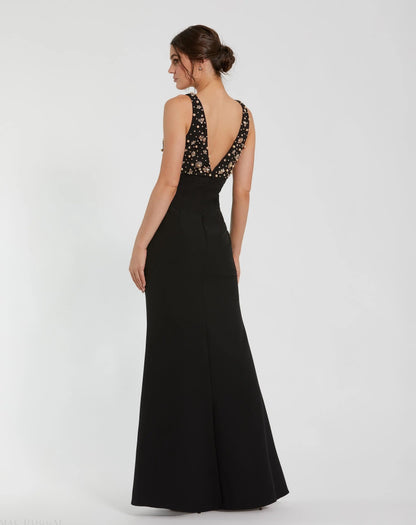 Black Sleeveless Embellished Crepe Gown With Bow