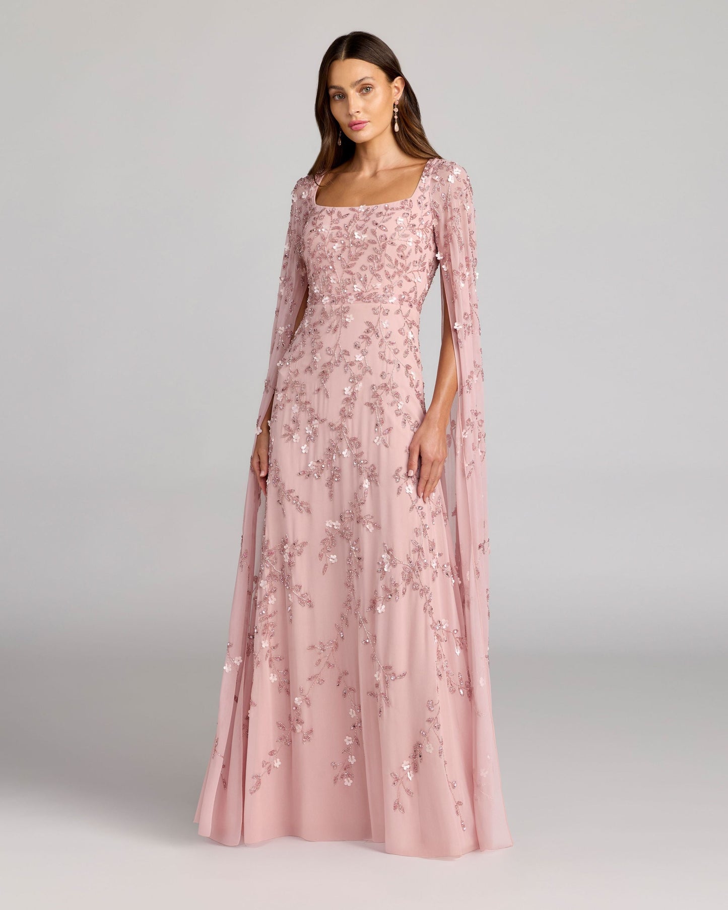Floral Embellished Cape Sleeve Gown