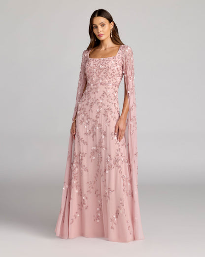 Floral Embellished Cape Sleeve Gown